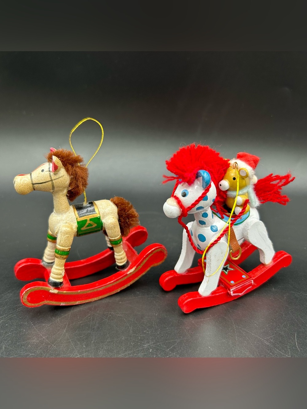 Vintage Wooden Rocking Horse Christmas Ornaments Lot Teddy Bear Hand Painted
